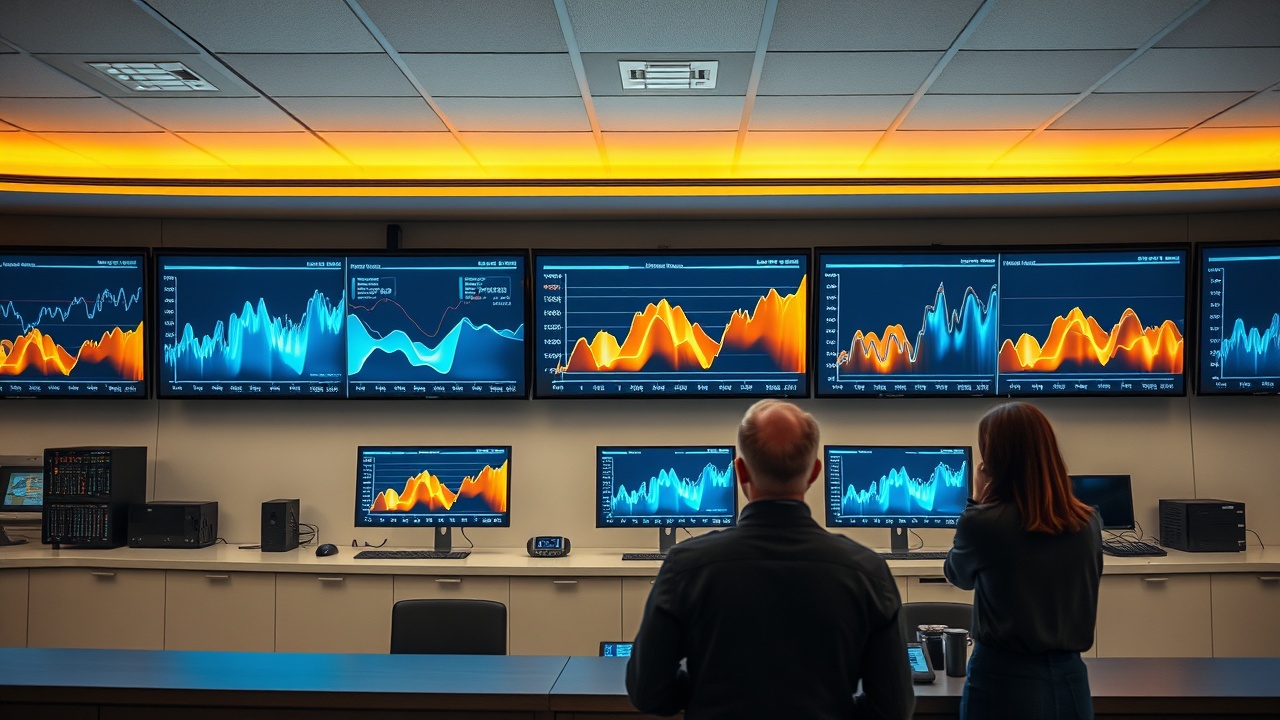 Veritas Retail operations center with warm lighting and data visualization screens