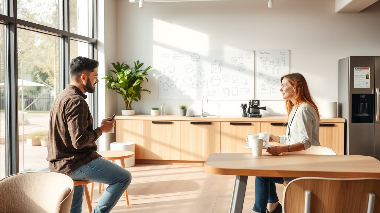 Candid office shot with warm natural light showing team collaboration