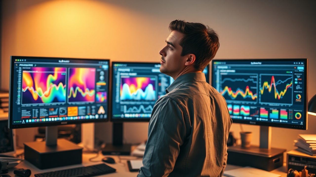 An analyst surrounded by multiple monitors displaying complex data visualizations