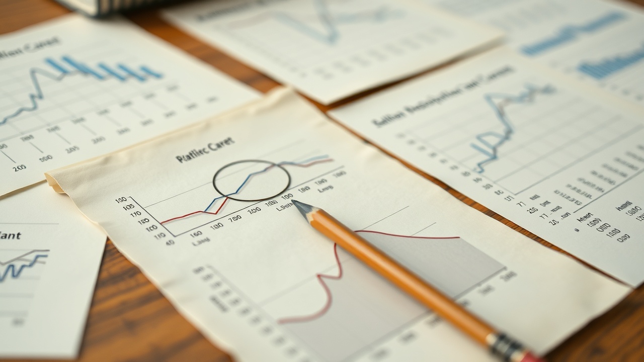 Close-up editorial image of printed statistical charts on a wooden desk